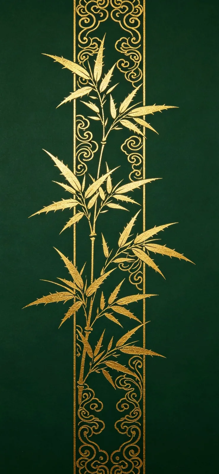 Precision gold foil stamping on dark green packaging — intricate bamboo and cloud pattern with razor-sharp detail