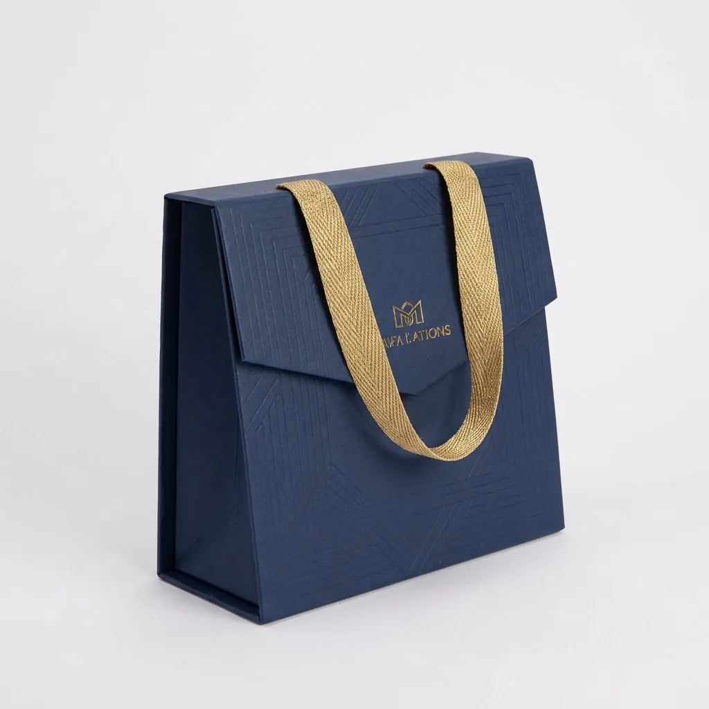 Custom navy blue gift bag gold clasp paper bag wholesale packaging supplier